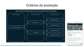 Critérios de aceitação
https://www.altexsoft.com/blog/business/acceptance-criteria-purposes-formats-and-best-practices/
 