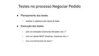 Testes no processo Negociar Pedido
● Planejamento dos testes
○ analisar a cobertura dos casos de teste
● Execução dos testes
○ com um simulador (Camunda Simulator, etc.) ?
○ com um cliente REST (Postman, Insomnia, etc.) ?
○ com uma ferramenta de teste ?
 