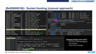 [0x00000010]> Socket Hunting (manual approach)
Windows Preview quite useful!
- TTD (Time Travel Debugging)
- Taint Analysis
- Code-Flow / Coverage
REF: https://github.com/microsoft/WinDbg-Samples
 