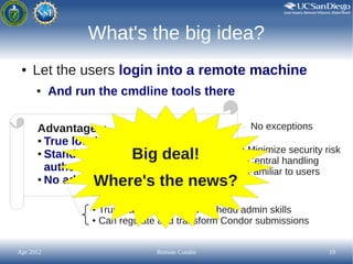 What's the big idea?
 ●   Let the users login into a remote machine
      ●    And run the cmdline tools there

      Adva...