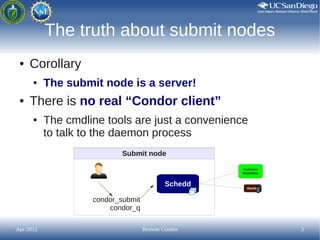 The truth about submit nodes
 ●   Corollary
      ●    The submit node is a server!
 ●   There is no real “Condor client”
...