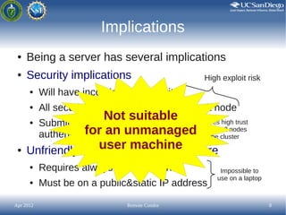 Implications
 ●   Being a server has several implications
 ●   Security implications                      High exploit ris...