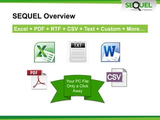 SEQUEL Overview
Excel + PDF + RTF + CSV + Text + Custom + More…
Your PC File
Only a Click
Away
 