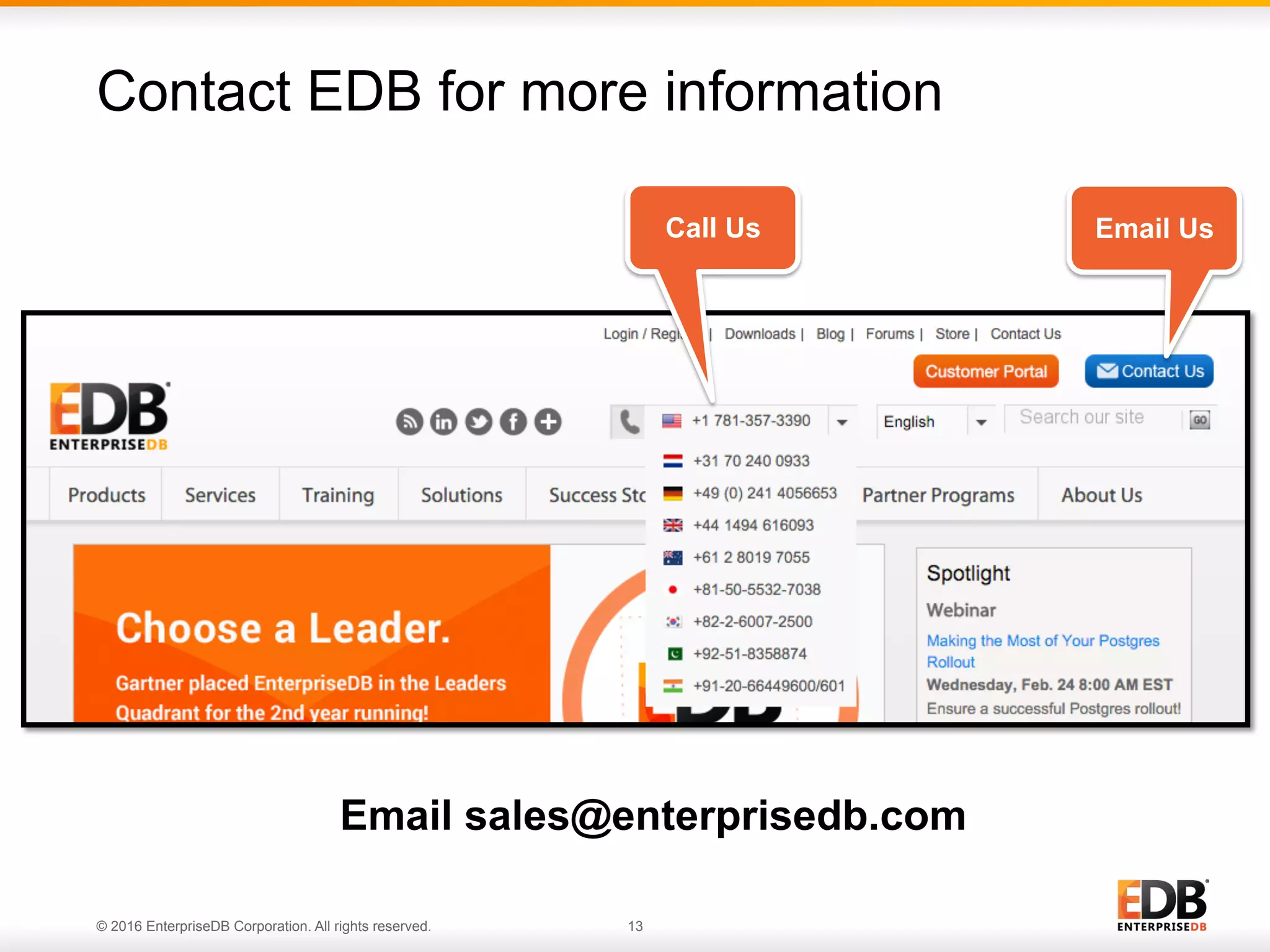 © 2016 EnterpriseDB Corporation. All rights reserved. 13
Contact EDB for more information
Email UsCall Us
Email sales@enterprisedb.com
 