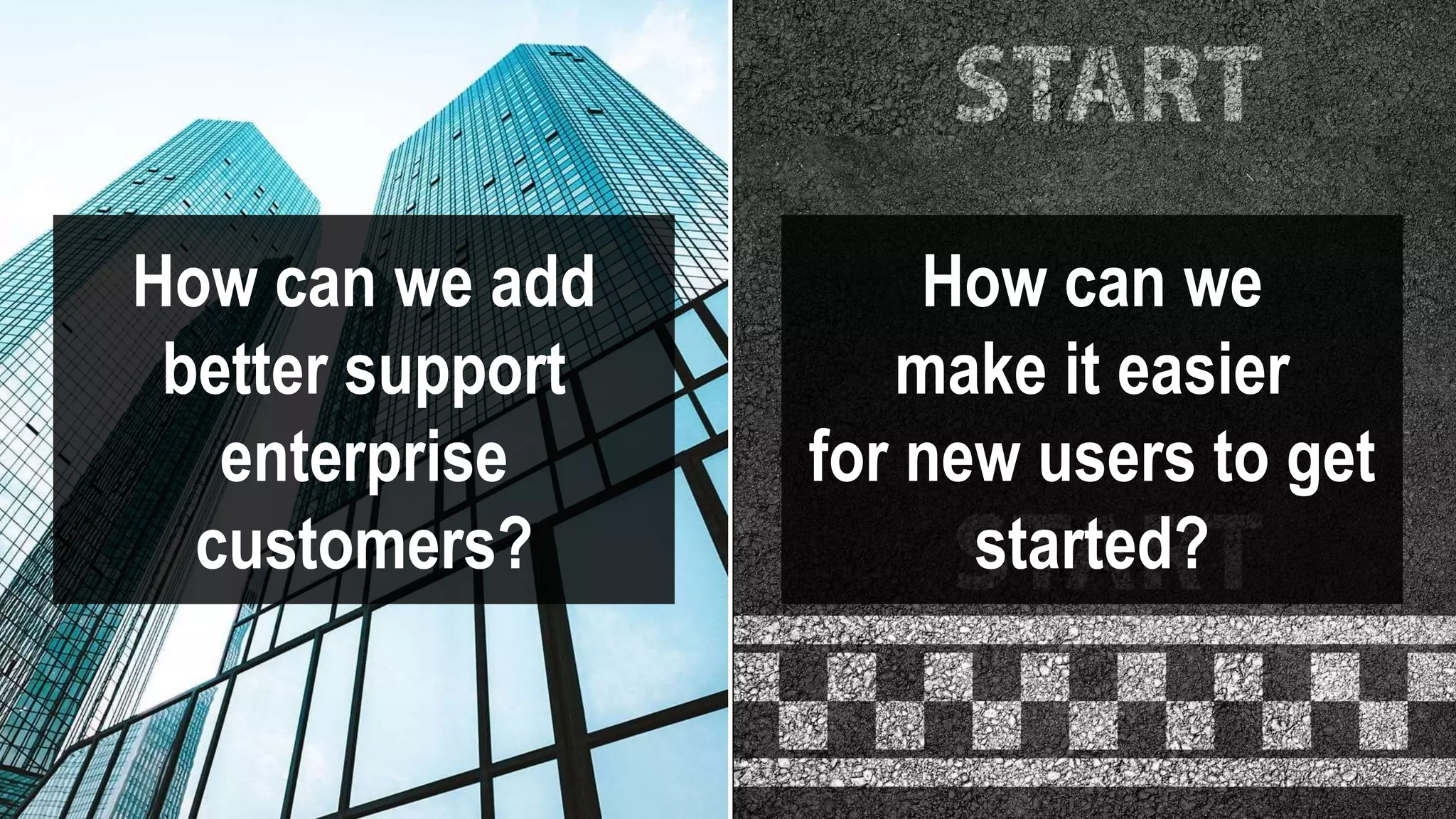 How can we add
better support
enterprise
customers?
How can we
make it easier
for new users to get
started?
 