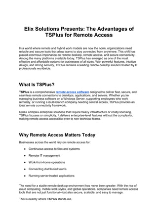 Elix Solutions Presents: The Advantages of TSPlus for Remote Acces | DOCX