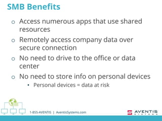 SMB Benefits
o Access numerous apps that use shared
resources
o Remotely access company data over
secure connection
o No need to drive to the office or data
center
o No need to store info on personal devices
• Personal devices = data at risk
1-855-AVENTIS | AventisSystems.com
 