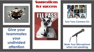 Give your
teammates
your
undivided
attention
Turn Your Camera On
Suggestions
for success
Mute Your Microphone
when not speaking
 