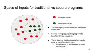 Space of inputs for traditional vs secure programs
22
Evil input values
Valid input values
● Traditional programs handle only valid input
values well
● Secure coding requires the programs to
handle evil input values, too
● The problem is that the threats (evil inputs)
have to identified up-front and
○ software has to be designed to resist
and recover
 