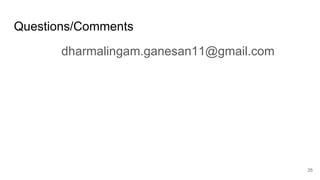 Questions/Comments
dharmalingam.ganesan11@gmail.com
25
 
