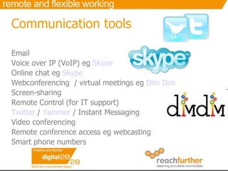 Communication tools Email Voice over IP (VoIP) eg  Skype Online chat eg  Skype Webconferencing  / virtual meetings eg  Dim Dim Screen-sharing  Remote Control (for IT support)  Twitter  /  Yammer  / Instant Messaging Video conferencing  Remote conference access eg webcasting Smart phone numbers 
