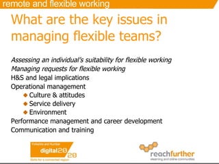 What are the key issues in managing flexible teams? Assessing an individual’s suitability for flexible working Managing requests for flexible working H&S and legal implications Operational management Culture & attitudes Service delivery Environment Performance management and career development Communication and training 