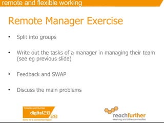 Remote Manager Exercise Split into groups Write out the tasks of a manager in managing their team (see eg previous slide)  Feedback and SWAP Discuss the main problems 