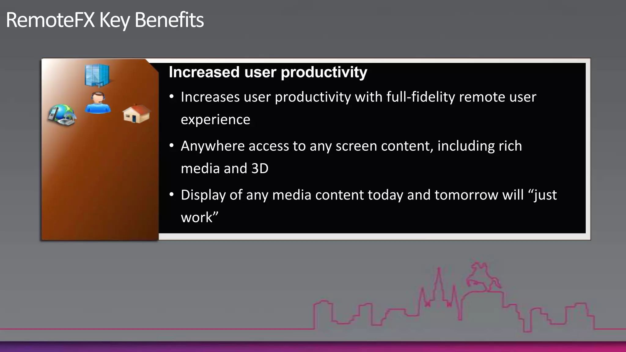 Virtualized graphics and advanced codecs for highest fidelityRemoteFX Key BenefitsFlexible and cost-effective solutionSupport for simple, low-cost end point devices