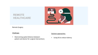 Remote Surgery
Challenge:
• Overcoming spatial distance between
patient and doctor for surgical interventions
REMOTE
HEALTHCARE
Solution approaches:
• Using 5G to reduce latency