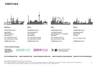DISCLAIMER COPYRIGHT 2019 Alle Rechte vorbehalten.
Die in dieser Präsentation dokumentierten Trends und Thesen sind geistiges Eigentum der TRENDONE GmbH und unterliegen den geltenden Urhebergesetzen.
Die verwendeten Bilder dienen lediglich Research- und Illustrationszwecken. Sie stehen nicht zur Publikation frei.
24
· · · ·BLOG.TRENDONE.COM WWW.TRENDONE.COM WWW.TRENDEXPLORER.COM WWW.FACEBOOK.COM/TRENDONE WWW.TWITTER.COM/TRENDONE
Hamburg
TRENDONE GmbH
Gasstraße 2
22761 Hamburg
Deutschland
Tel. +49 40 52 67 78 0
Fax +49 40 52 67 78 36
Berlin
TRENDONE GmbH
Brunnenstraße 37
10115 Berlin
Deutschland
Tel. +49 30 50 91 48 56
Fax +49 30 50 91 48 60
Wien
TRENDONE GmbH
c/o Kapsch/Evolaris
Lehrbachgasse 11, 1120 Wien
Österreich
Tel. +49 40 52 67 78 0
Fax +49 40 52 67 78 36
Zürich
TRENDONE GmbH
Kanzleistrasse 53
8004 Zürich
Schweiz
Tel. +41 79 607 12 87
info@trendone.com info@trendone.cominfo@trendone.cominfo@trendone.com
Unsere Auszeichnungen:
 
