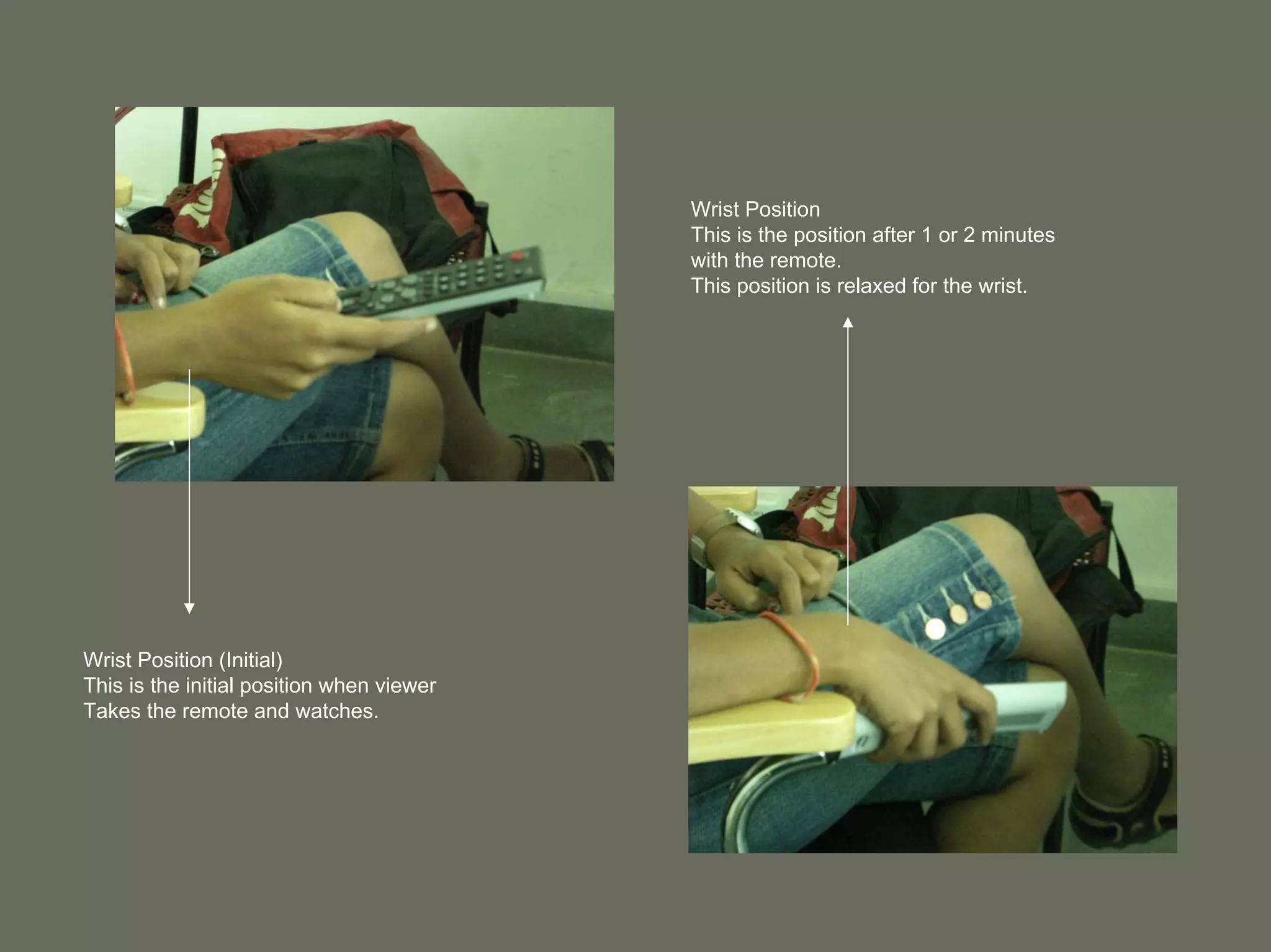 Wrist Position
                                           This is the position after 1 or 2 minutes
                                           with the remote.
                                           This position is relaxed for the wrist.




Wrist Position (Initial)
This is the initial position when viewer
Takes the remote and watches.
 