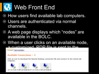 Web Front End
How users find available lab computers.
Users are authenticated via normal channels.
A web page displays which “nodes” are
available in the BOLC.
When a user clicks on an available node,
a customized .RDP file is sent to the client.
 