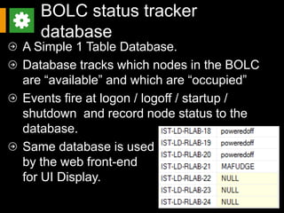 BOLC status tracker database
A Simple 1 Table Database.
Database tracks which nodes in the BOLC
are “available” and which are “occupied”
Events fire at logon / logoff / startup / shutdown
and record node status to the database.
Same database is used
by the web front-end
for UI Display.
 