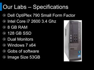 Our Labs – Specifications
 Dell OptiPlex 790 Small Form Factor
 Intel Core i7 2600 3.4 Ghz
 8 GB RAM
 128 GB SSD
 Dual Monitors
 Windows 7 x64
 Gobs of software
 Image Size 53GB
 