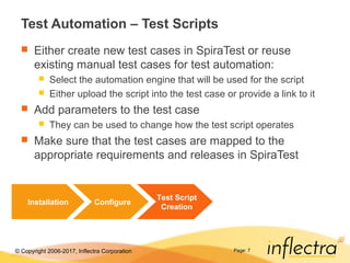 © Copyright 2006-2017, Inflectra Corporation Page: 7
Test Automation – Test Scripts
 Either create new test cases in SpiraTest or reuse
existing manual test cases for test automation:
 Select the automation engine that will be used for the script
 Either upload the script into the test case or provide a link to it
 Add parameters to the test case
 They can be used to change how the test script operates
 Make sure that the test cases are mapped to the
appropriate requirements and releases in SpiraTest
Installation Configure
Test Script
Creation
 