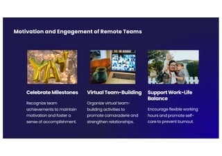 Celebrate Milestones
Recognize team
achievements to maintain
motivation and foster a
sense of accomplishment.
Virtual Team-Building
Organize virtual team-
building activities to
promote camaraderie and
strengthen relationships.
Support Work-Life
Balance
Encourage flexible working
hours and promote self-
care to prevent burnout.
Motivation and Engagement of Remote Teams
 
