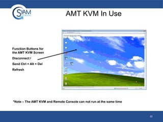 AMT KVM In Use

Function Buttons for
the AMT KVM Screen
Disconnect /

Send Ctrl + Alt + Del
Refresh

*Note – The AMT KVM and Remote Console can not run at the same time

22

 