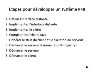 Etapes pour développer un système RMI
1. Définir l’interface distante
2. Implémenter l’interface distante
3. Implémenter le client
4. Compiler les fichiers Java
5. Générer le stub du client et le skeleton du serveur
6. Démarrer le serveur d’annuaire (RMI registry)
7. Démarrer le serveur
8. Démarrer le client
12
 