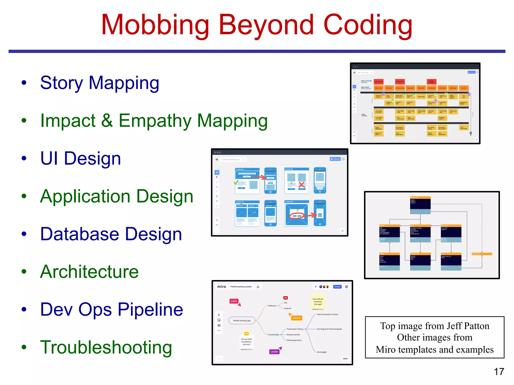 Mobbing Beyond Coding
• Story Mapping
• Impact & Empathy Mapping
• UI Design
• Application Design
• Database Design
• Architecture
• Dev Ops Pipeline
• Troubleshooting
17
Top image from Jeff Patton
Other images from
Miro templates and examples
 