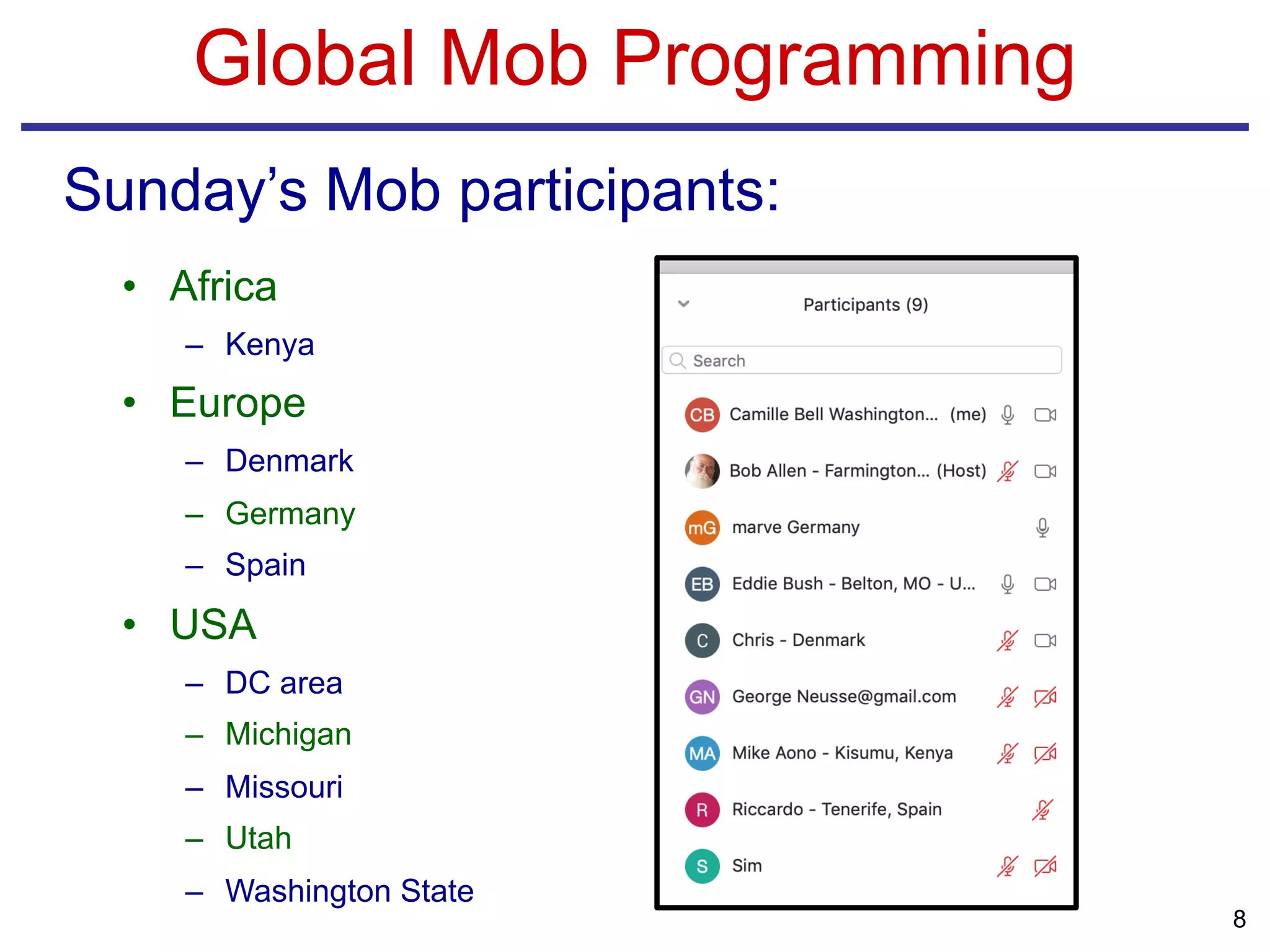 Global Mob Programming
Sunday’s Mob participants:
8
• Africa
– Kenya
• Europe
– Denmark
– Germany
– Spain
• USA
– DC area
– Michigan
– Missouri
– Utah
– Washington State
 
