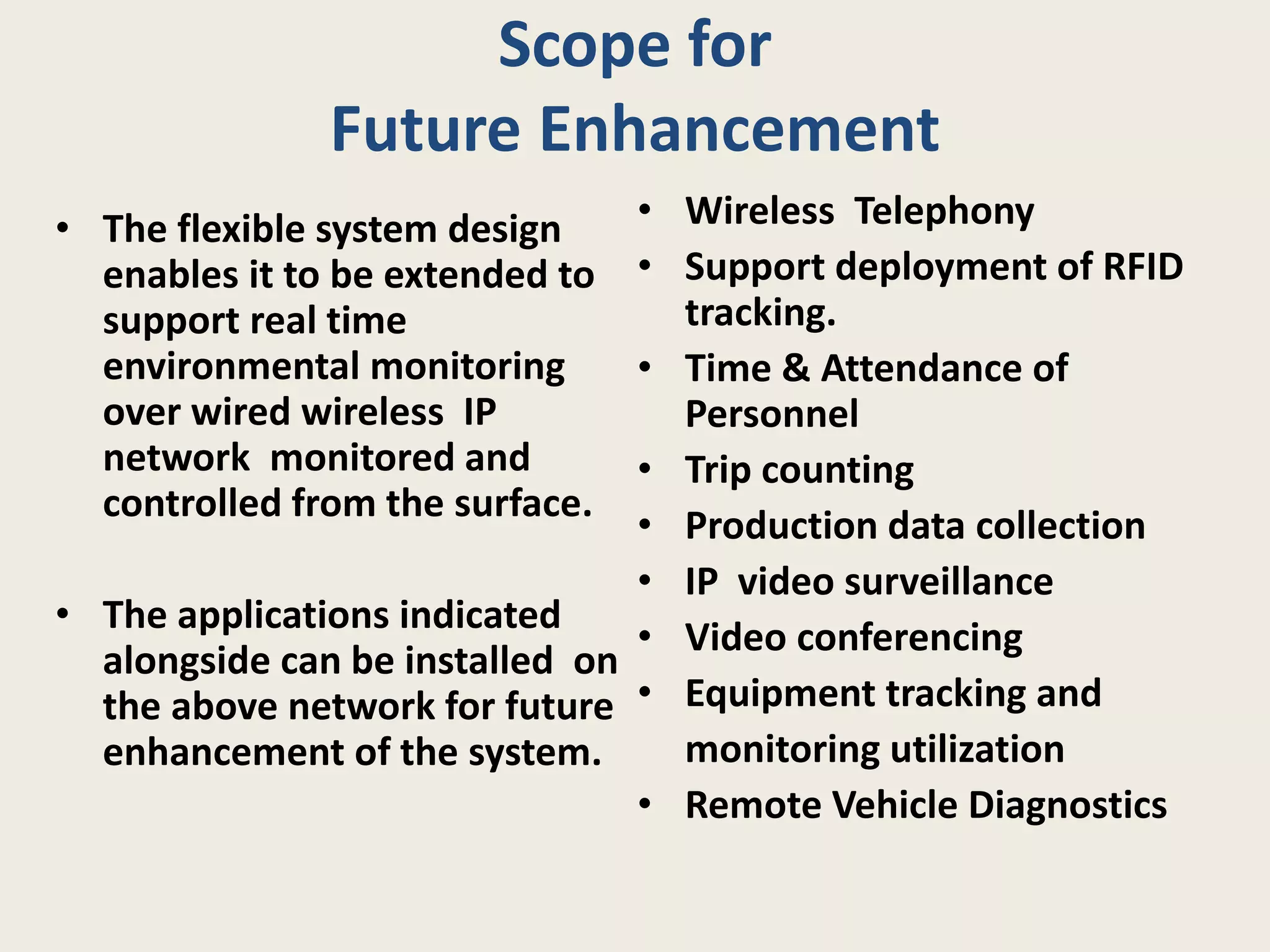 Scope for
Future Enhancement
• The flexible system design
enables it to be extended to
support real time
environmental monitoring
over wired wireless IP
network monitored and
controlled from the surface.
• The applications indicated
alongside can be installed on
the above network for future
enhancement of the system.
• Wireless Telephony
• Support deployment of RFID
tracking.
• Time & Attendance of
Personnel
• Trip counting
• Production data collection
• IP video surveillance
• Video conferencing
• Equipment tracking and
monitoring utilization
• Remote Vehicle Diagnostics
 