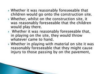 Whether it was reasonably foreseeable that children would go onto the construction site.Whether, whilst on the construction site, it was reasonably foreseeable that the children would play there. Whether it was reasonably foreseeable that, in playing on the site, they would throw whatever came to hand.Whether in playing with material on site it was reasonably foreseeable that they might cause injury to those passing by on the pavement, 