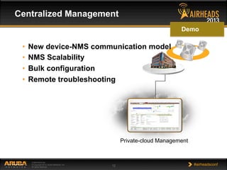 CONFIDENTIAL
© Copyright 2013. Aruba Networks, Inc.
All rights reserved 12 #airheadsconf
Centralized Management
Demo
Private-cloud Management
•  New device-NMS communication model
•  NMS Scalability
•  Bulk configuration
•  Remote troubleshooting
 