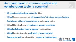 An investment in communication and
collaboration tools is essential
• All remote collaborations occur via video
• Virtual instant messengers will support inter/intra team communications
• Participants will need to participate in polling and voting
• Virtual Planning Board to replicate in-person experience
• Virtual collaboration tools to support retrospectives
• Virtual breakout sessions will need to be orchestrated
• Transparency of planning artifacts needs to be considered
 