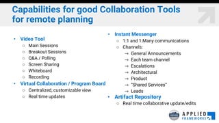 Capabilities for good Collaboration Tools
for remote planning
• Video Tool
○ Main Sessions
○ Breakout Sessions
○ Q&A / Polling
○ Screen Sharing
○ Whiteboard
○ Recording
• Virtual Collaboration / Program Board
○ Centralized, customizable view
○ Real time updates
• Instant Messenger
○ 1:1 and 1:Many communications
○ Channels:
⇾ General Announcements
⇾ Each team channel
⇾ Escalations
⇾ Architectural
⇾ Product
⇾ “Shared Services”
⇾ Leads
• Artifact Repository
○ Real time collaborative update/edits
 