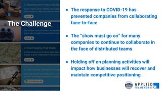 The Challenge
● The response to COVID-19 has
prevented companies from collaborating
face-to-face
● The “show must go on” for many
companies to continue to collaborate in
the face of distributed teams
● Holding off on planning activities will
impact how businesses will recover and
maintain competitive positioning
 