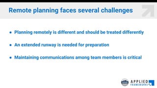 Remote planning faces several challenges
● Planning remotely is different and should be treated differently
● An extended runway is needed for preparation
● Maintaining communications among team members is critical
 