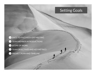 Setting Goals

1

FACE-TO-FACE KICK-OFF MEETING

2

TEAM MEMBER INTRODUCTIONS

3

SCOPE OF WORK

4

TEAM OBJECTIVES AND KEY METRICS

5

PROJECT PLAN AND TIMELINE

 