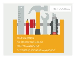 THE TOOLBOX

COMMUNICATION
FILE STORAGE AND SHARING
PROJECT MANAGEMENT
CUSTOMER RELATIONSHIP MANAGEMENT

 