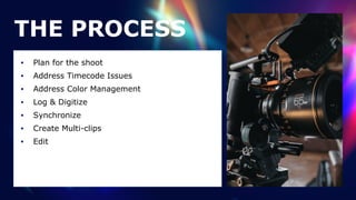 THE PROCESS
• Plan for the shoot


• Address Timecode Issues


• Address Color Management


• Log & Digitize


• Synchronize


• Create Multi-clips


• Edit
 