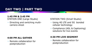 DAY TWO | PART TWO
1:45 PM & 2:45 PM
 
STATION ONE (Large Studio)


• Directing and switching multi-
camera shoot


 
4:00 PM ALL GATHER


• Remote collaboration for
postproduction
 
 
STATION TWO (Small Studio)


• Using 4G LTE and 5G bonded
cellular technology


• Compliance (ASL & Captioning)
solutions for live events


 
4:30 PM LIVE SEGMENT


• Remote collaboration for
postproduction
 
 