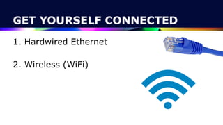 GET YOURSELF CONNECTED
1. Hardwired Ethernet
 
2. Wireless (WiFi)
 