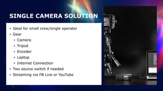 SINGLE CAMERA SOLUTION
• Ideal for small crew/single operator


• Gear


• Camera


• Tripod


• Encoder


• Laptop


• Internet Connection


• Two source switch if needed


• Streaming via FB Live or YouTube
 
 