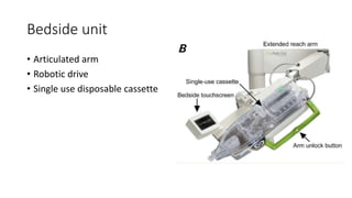 Bedside unit
• Articulated arm
• Robotic drive
• Single use disposable cassette
 