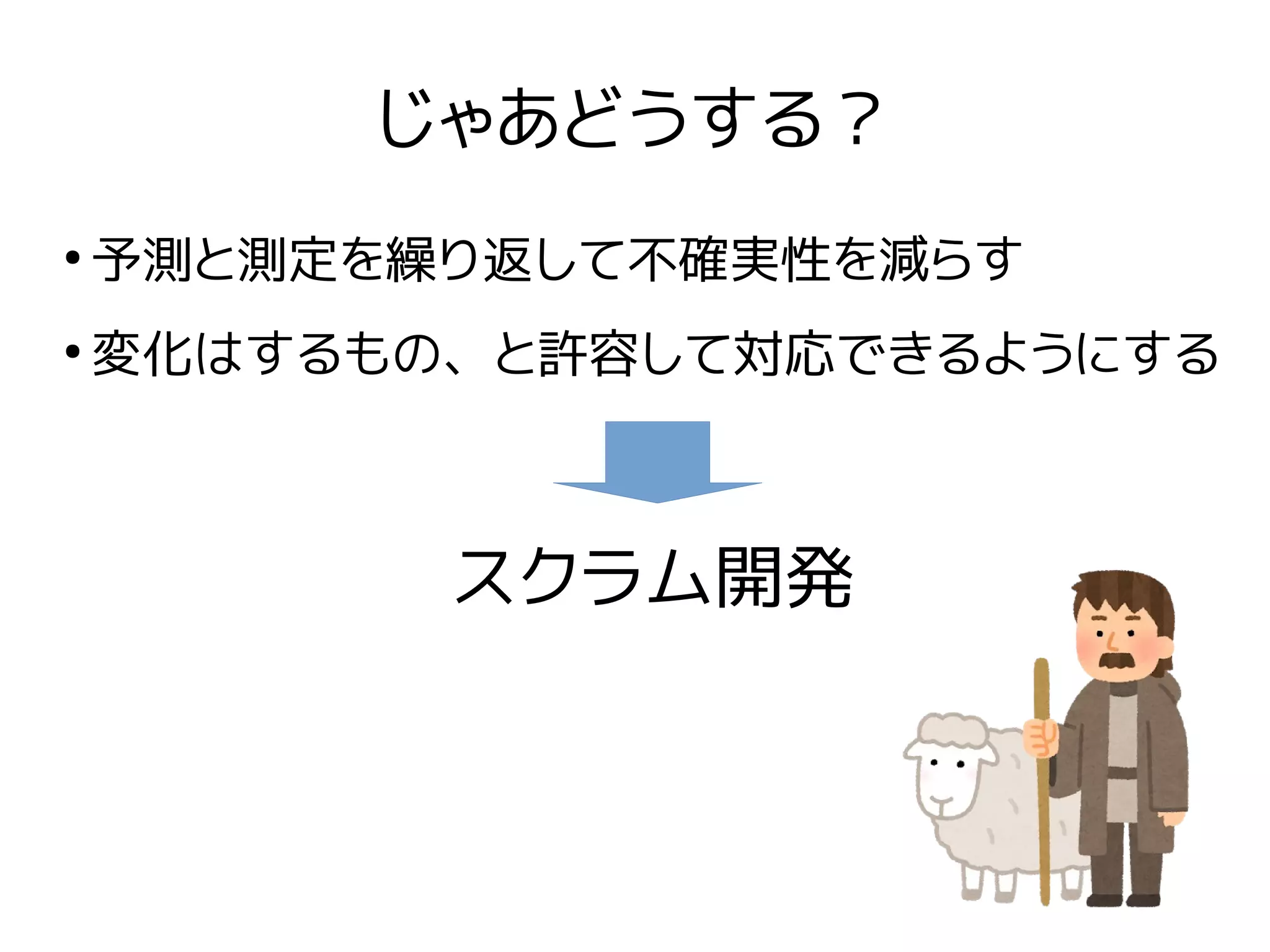 じゃあどうする？
●
予測と測定を繰り返して不確実性を減らす
●
変化はするもの、と許容して対応できるようにする
スクラム開発
 