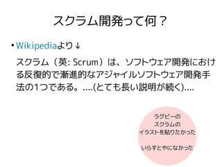 スクラム開発って何？
●
Wikipediaより↓
スクラム（英: Scrum）は、ソフトウェア開発におけ
る反復的で漸進的なアジャイルソフトウェア開発手
法の1つである。....(とても長い説明が続く)....
ラグビーの
スクラムの
イラストを貼りたかった
いらすとやになかった
 