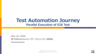 Japan Selenium User Community
日本Seleniumユーザーコミュニティ
Test Automation Journey
Parallel Execution of E2E Test
May 16, 2020
第５回Seleniumユーザーコミュニティ勉強会
@woosyume
 
