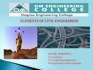 ELEMENTS OF CIVIL ENGINEERING
SAGAR DOBARIYA
Asst. professor
Civil Engineering Department
Om Engineering College, Junagadh
 