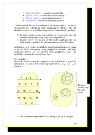 •   Magnetic method ~> magnetic susceptibility.
          •   Seismic method ~> elastic module and density.
          •   Electric method ~> resistively (conductivity).
          •   Radiometric ~> radioactive elements contents.

The best method for the oil exploration is the seismic method , because it
observations are collected at small source-receiver offsets , Also the
observation can be more readily interpreted in terms of complex geology .

   3. Detailed remote sensing interpretation, it is mean after take the
      remote sensing image study it and make analysis for it.
   4. Seismic survey, it can use on the land (Geophone) and sea
      (hydrophone) by collect the reflection to the measure the distance.

After that we will produce a probability map for oil exploration , we need
to go on detail investigation using geophysical method , and from
geophysics process we can generate more geophysical map , the
probability map to reduce the cost and time .

For examples:-
By use the seismic survey we can produce map by know the x , y and the
reflection r , so each point on the map represent by ( x , y , z ) , for
example :-




                                                                                   Produce
                                                                                   counter map
                                                                                   or color
                                                                                   coded




   5. The last step for exploration is the drilling to get the oil and gas.


                                                                              16
 