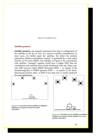 Figure (17): multipath errors




    Satellite geometry

    Satellite geometry can magnify positional errors due to configuration of
    the satellites in the sky in view of a receiver (satellite constellation). In
    most cases, the farther apart the satellites, the better the position
    calculation. Satellite constellation “quality” is quantified by a value called
    Dilution of Precision (DOP). For example, in Figure 6, the constellation
    with satellites “clumped” together would have a higher DOP than the
    constellation with satellites more evenly distributed in the sky. Many end-
    user GPS receivers report HDOP (horizontal DOP — or quality of the
    latitude/longitude) or PDOP (position DOP — or quality of the three-
    dimensional position data). A DOP of less than four is usually preferred
    for most applications.




Figure (18): Example of good satellite constellation.
Satellites are spaced far apart for better
calculation.


                                                            Figure (19): Example of poor satellite constellation.
                                                            Satellites are spaced closely together for a poor
                                                            position calculation.



                                                                                             30
 